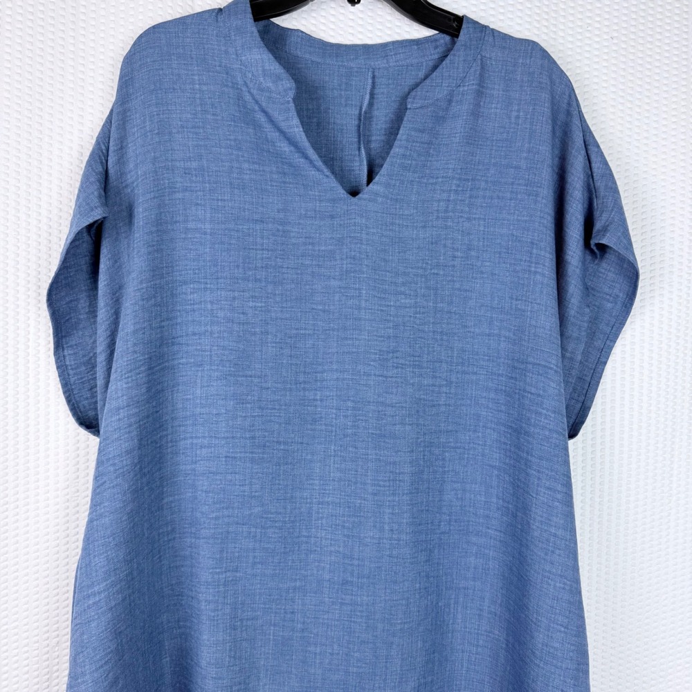 Women's Denim Blue Split V-Neck Cap Sleeve Back Tie Tunic Dress 2XL Plus Size